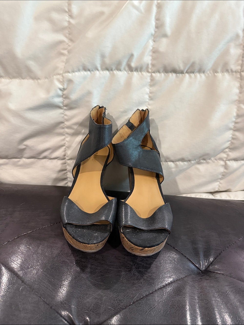 Nine West Black Leather Platform Wedge Sandals